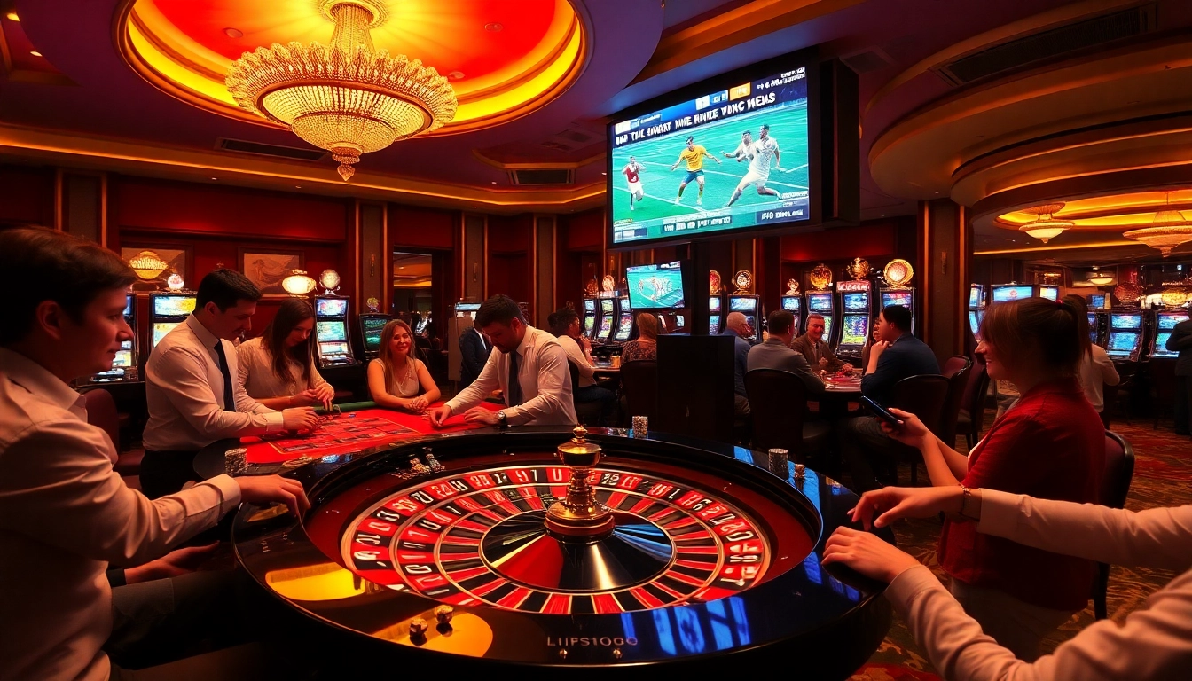 Experience trực tiếp bóng đá excitement while enjoying high-stakes casino games with vibrant roulette and slot machines.