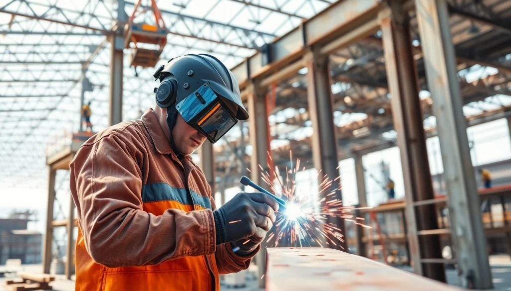 Welding expert engaged in structural steel welding, showcasing precision and safety at a busy construction site.