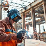 Welding expert engaged in structural steel welding, showcasing precision and safety at a busy construction site.