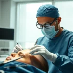 Surgeon conducting a hair transplant on a patient in a professional clinic.