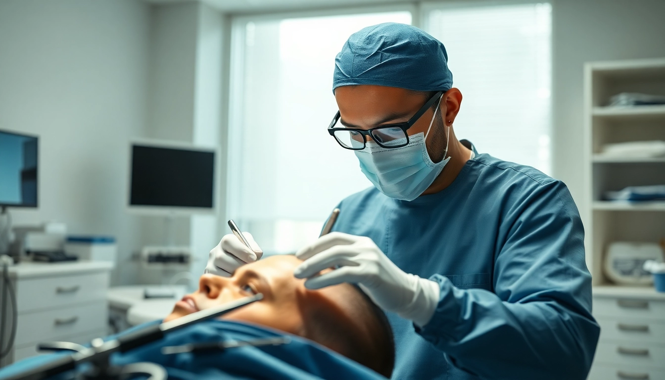 Surgeon conducting a hair transplant on a patient in a professional clinic.