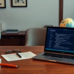 Montrant l'espace de travail d'un traducteur assermenté chinois avec des outils de calligraphie et des logiciels de traduction