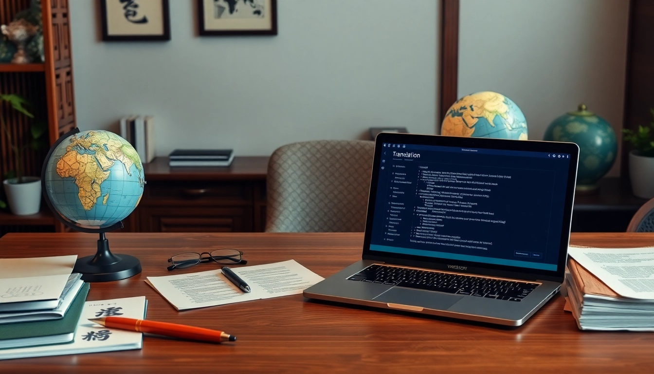Montrant l'espace de travail d'un traducteur assermenté chinois avec des outils de calligraphie et des logiciels de traduction