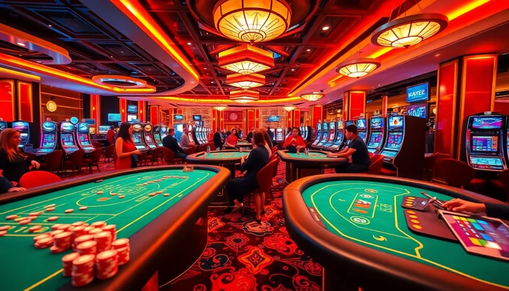 S8 casino gaming scene with luxurious tables and vibrant poker chips in a lively atmosphere.
