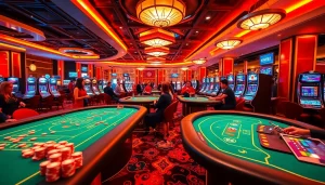 S8 casino gaming scene with luxurious tables and vibrant poker chips in a lively atmosphere.