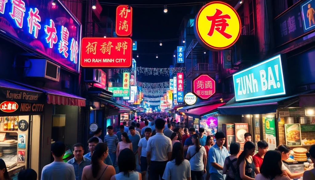 Experience the vibrant 호치민밤문화 in a lively street filled with colorful nightlife activities and entertainment options.
