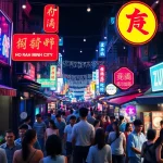 Experience the vibrant 호치민밤문화 in a lively street filled with colorful nightlife activities and entertainment options.