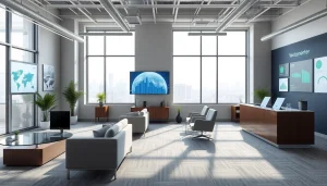 Agenzia specializzata in immobili industriali che mostra un moderno spazio ufficio per professionisti del settore immobiliare.