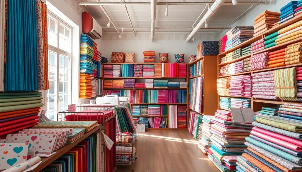 Bekijk stoffen van de stoffenwinkel in een kleurrijke en georganiseerde setting.