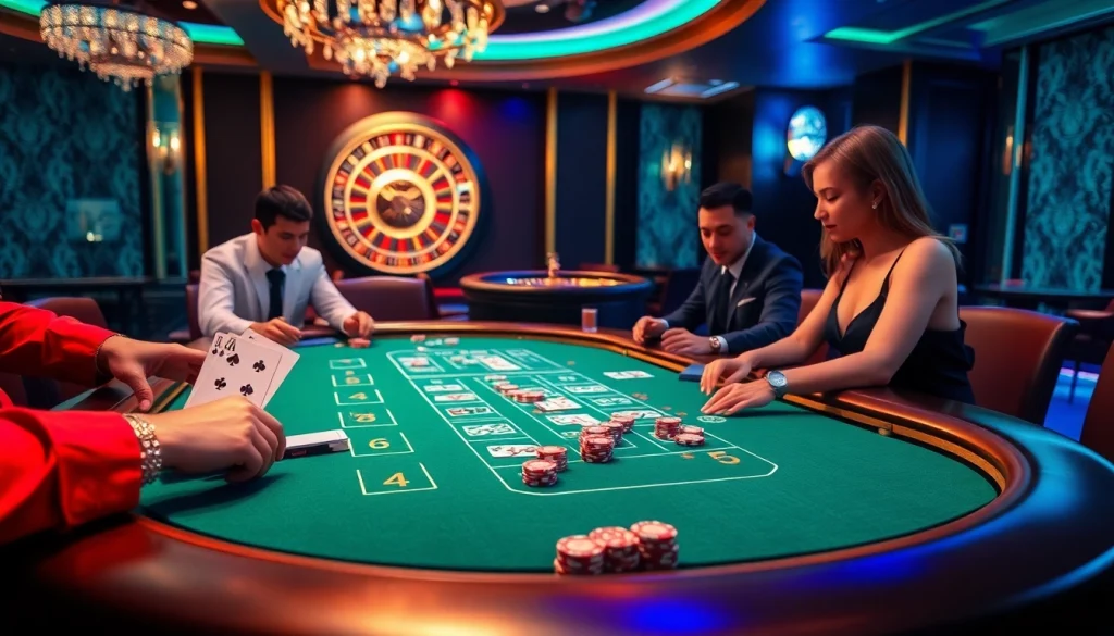 Strategic Baccarat gameplay at Bin88 casino with players and cards on a luxurious table.
