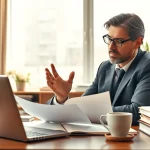 Intellectual property lawyer consulting a client in a professional office environment.