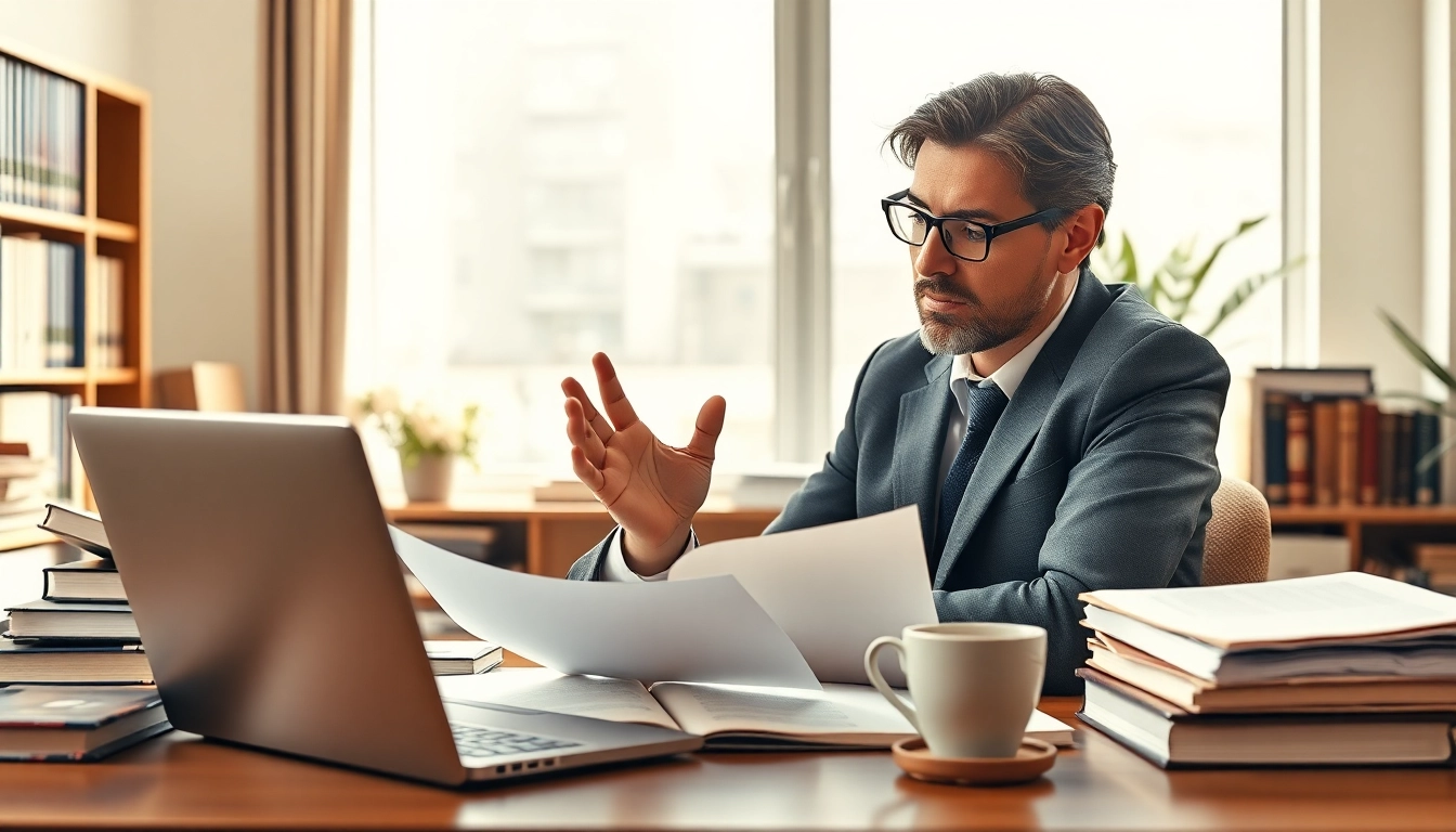 Intellectual property lawyer consulting a client in a professional office environment.