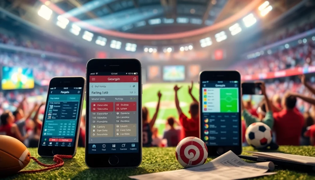 Explore sports betting apps Georgia through engaging visuals of smartphones and enthusiastic fans.