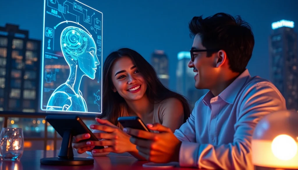 Couple enjoying a romantic date with an AI companion in a futuristic setting, highlighting the role of sex AI.