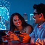 Couple enjoying a romantic date with an AI companion in a futuristic setting, highlighting the role of sex AI.