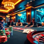 Bongdalu casino environment featuring poker players and vibrant chips at a luxurious table.