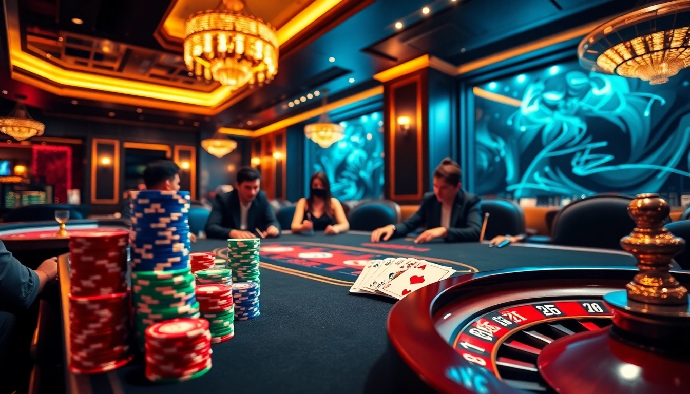 Bongdalu casino environment featuring poker players and vibrant chips at a luxurious table.