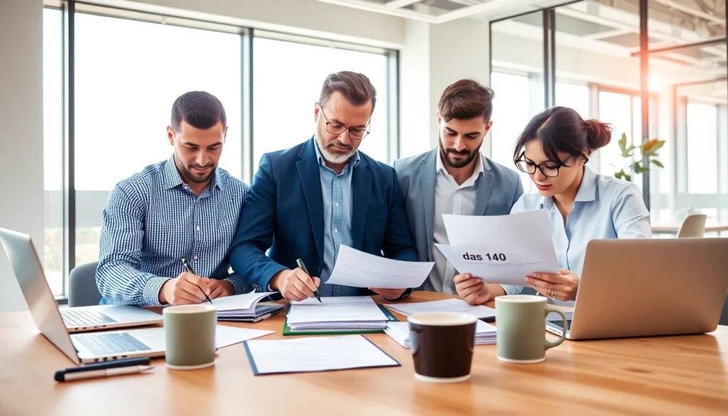 Contractors completing das 140 forms in a bright office, showcasing professionalism and focus.
