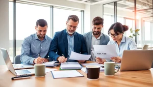 Contractors completing das 140 forms in a bright office, showcasing professionalism and focus.