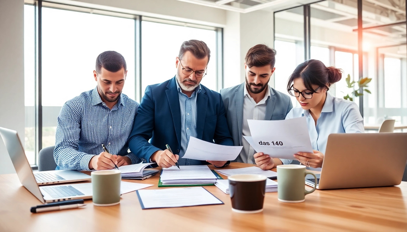 Contractors completing das 140 forms in a bright office, showcasing professionalism and focus.