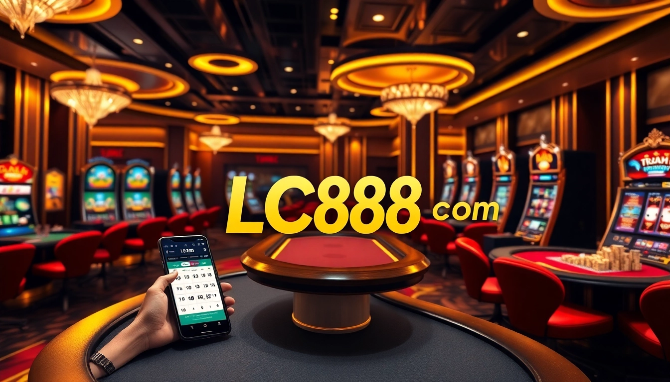 Exciting promotional image for LC88 Com, showcasing a luxurious casino and digital betting excitement.