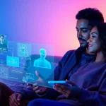 A couple exploring intimate AI interactions about ai sex in a modern, thoughtful setting.