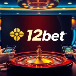 Experience the thrill of 12bet with engaging casino visuals filled with poker chips and a roulette wheel.