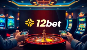Experience the thrill of 12bet with engaging casino visuals filled with poker chips and a roulette wheel.