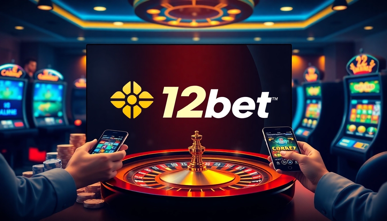Experience the thrill of 12bet with engaging casino visuals filled with poker chips and a roulette wheel.