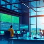 Innovative cloud mining app control room with diverse professionals analyzing data in a sustainable environment.