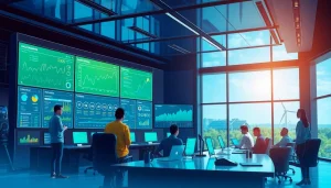 Innovative cloud mining app control room with diverse professionals analyzing data in a sustainable environment.