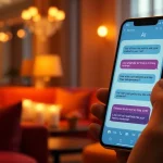 Engaging image of a smartphone displaying a romantic AI chatbot conversation, set in a cozy lounge, highlighting sex ai's innovative role in relationships.