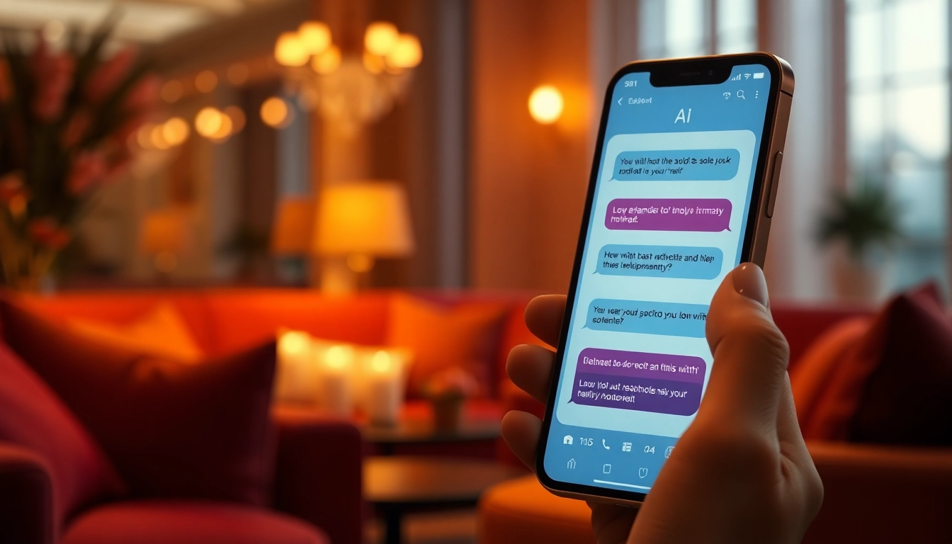 Engaging image of a smartphone displaying a romantic AI chatbot conversation, set in a cozy lounge, highlighting sex ai's innovative role in relationships.