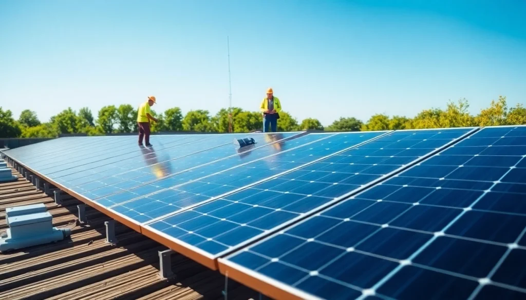 Installers setting up Commercial solar Derby panels to enhance energy efficiency.