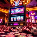 Experience thrilling nổ hũ gameplay at a vibrant casino scene with lively slot machines and betting chips.