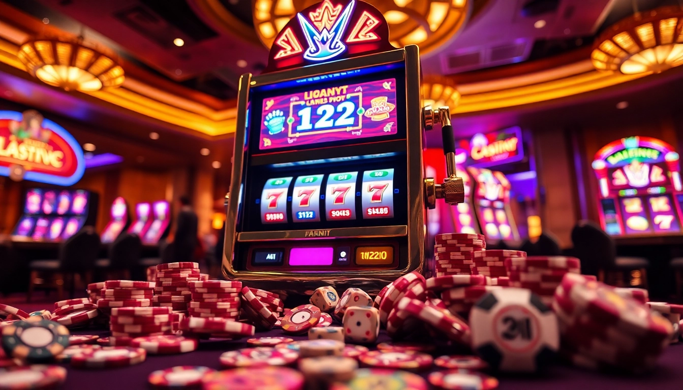 Experience thrilling nổ hũ gameplay at a vibrant casino scene with lively slot machines and betting chips.