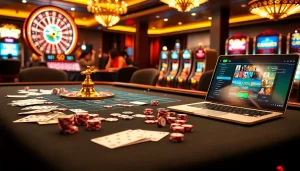 Players enjoying a thrilling gambling experience at Vua99 with cards, chips, and a lively casino atmosphere.