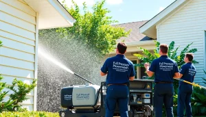 Soft wash team revitalizing a home's exterior with eco-friendly techniques in Kissimmee, FL