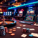 Players enjoy a vibrant casino atmosphere at F8bet with poker chips, cards, and roulette wheels.
