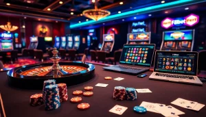 Players enjoy a vibrant casino atmosphere at F8bet with poker chips, cards, and roulette wheels.