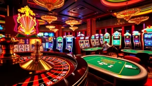 Babu88 casino scene showcasing excitement with roulette, slot machines, and engaged players.