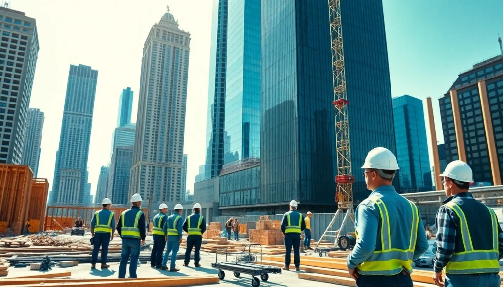 Showcase of New York City General Contractor at a bustling construction site with workers and skyscrapers.