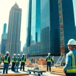 Showcase of New York City General Contractor at a bustling construction site with workers and skyscrapers.