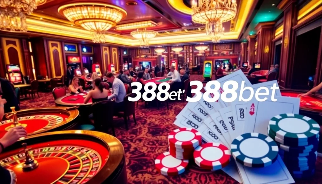 Experience thrilling gameplay at 388bet's luxurious casino, featuring vibrant tables and poker chips.