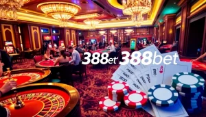 Experience thrilling gameplay at 388bet's luxurious casino, featuring vibrant tables and poker chips.
