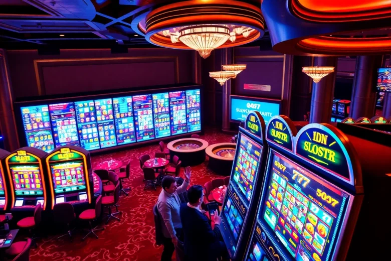 Experience the excitement of idn slot 777 with players at vibrant slot machines in a luxurious casino.