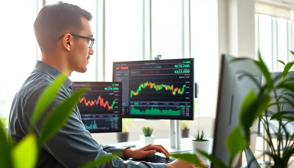 Analyze ai stocks to buy with a professional trader in a high-tech office.