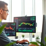 Analyze ai stocks to buy with a professional trader in a high-tech office.