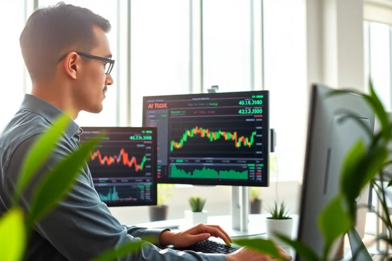 Analyze ai stocks to buy with a professional trader in a high-tech office.