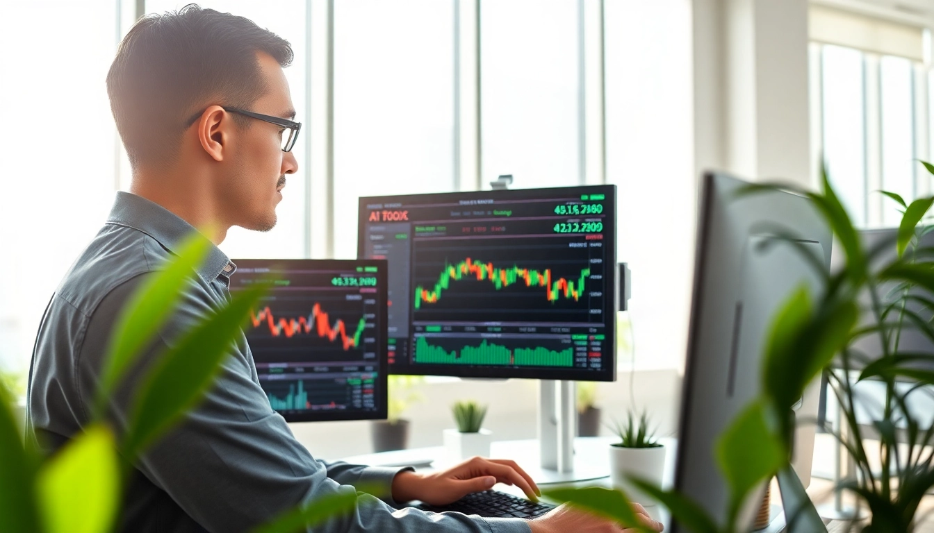 Analyze ai stocks to buy with a professional trader in a high-tech office.